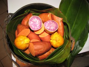 Purple Okinawan Yams, Egg Fruit, 'Regular' Yams, & Ti Leaves.